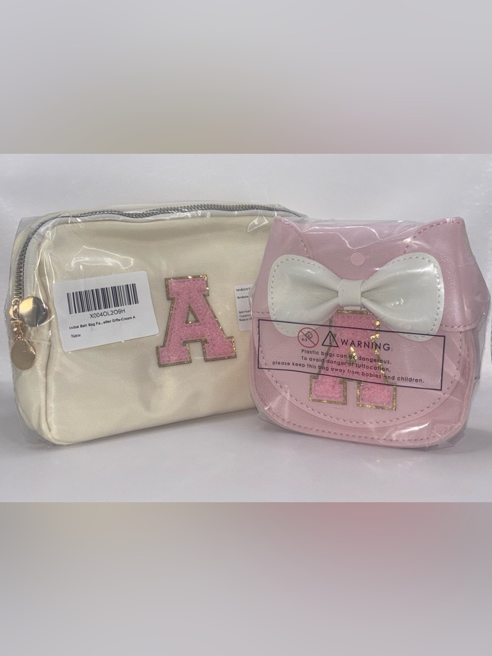 Kids Cream and Pink Letter A Pouch Set